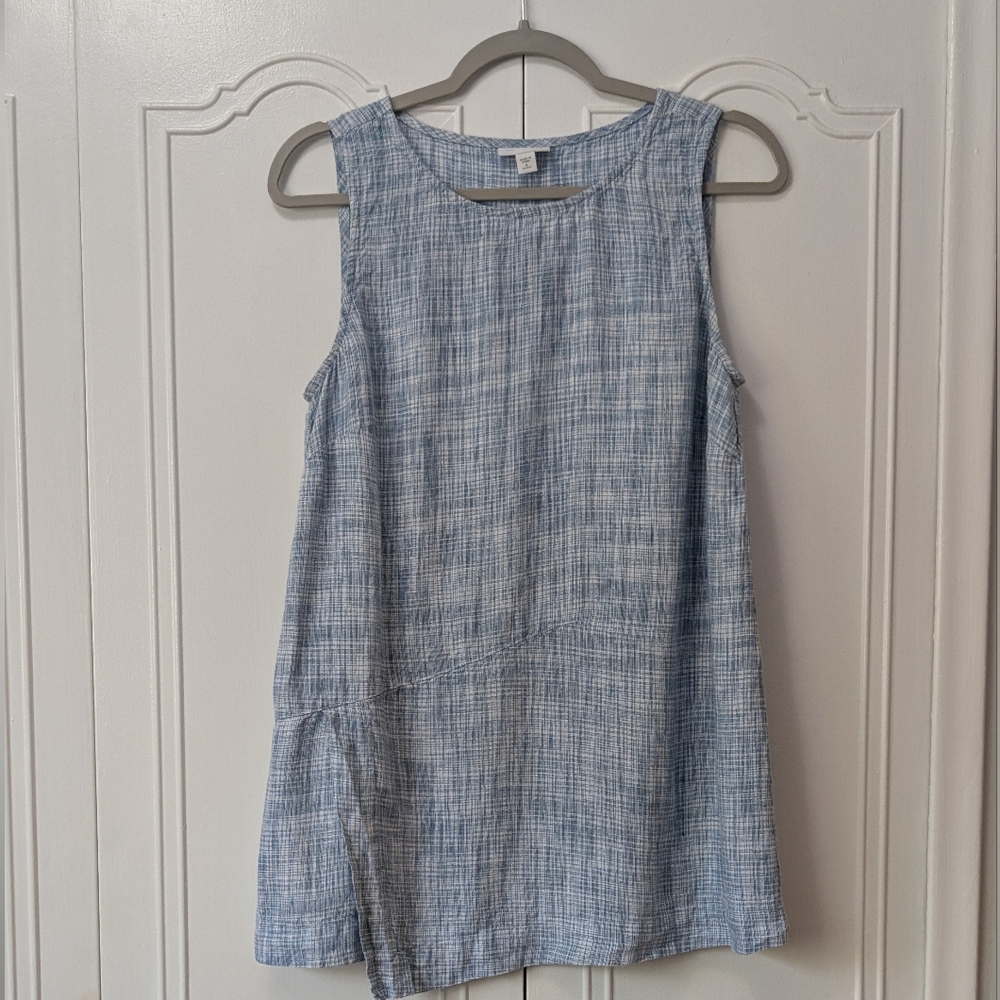 Pure Jill Women's Blue Sheath Crew Neck Blouse 100 % Linen Size S Beachy Summer